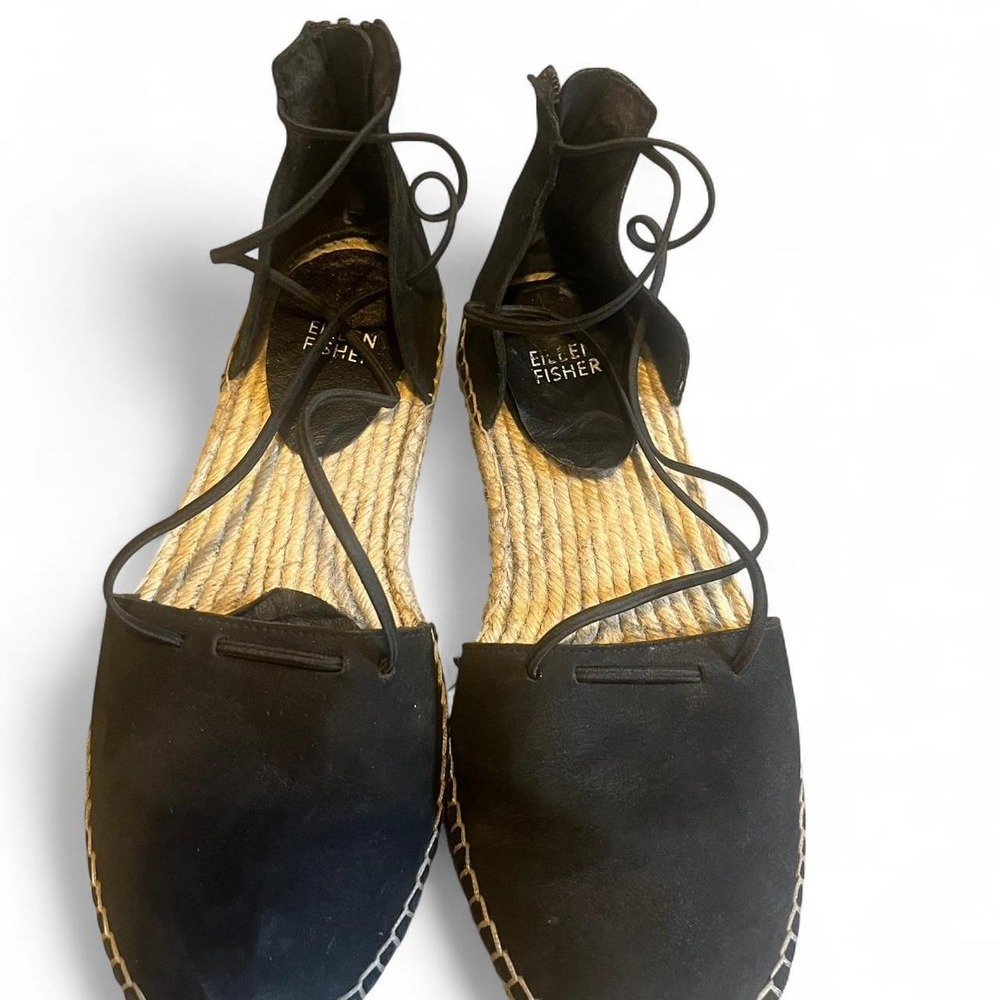 Eileen Fisher Black suede espadrille flat sandals Resort Vacation